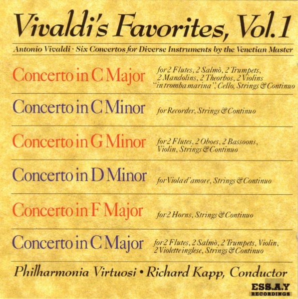 antonio vivaldi, philharmonia virtuosi, richard kapp vivaldi's favorites volume 1: six concertos for diverse instruments)